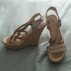 Gold faux snakeskin wedges